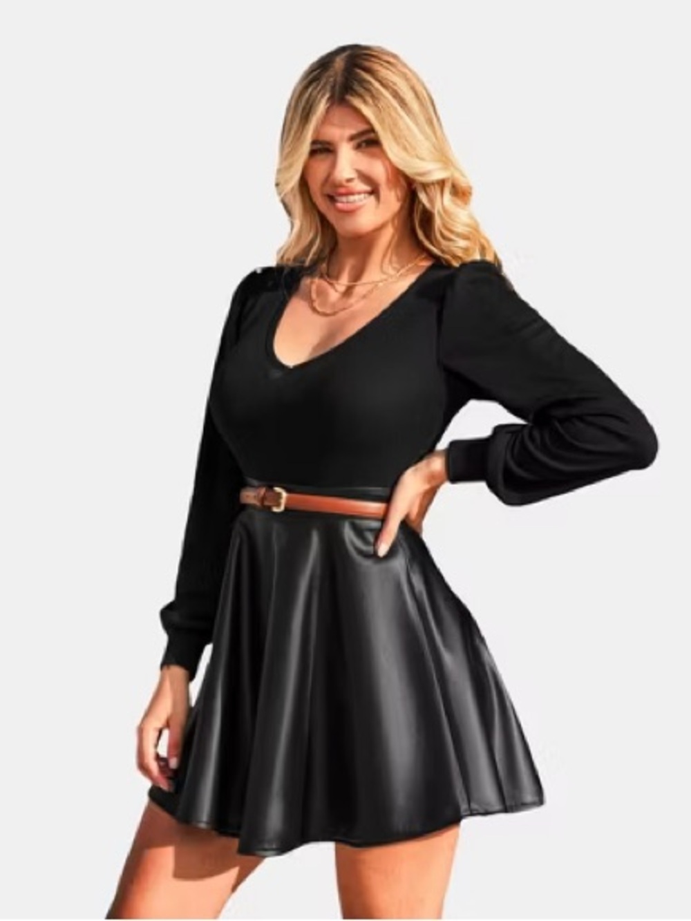 Black V-Neck Long Sleeve Skater Dress with Faux Leather Skirt